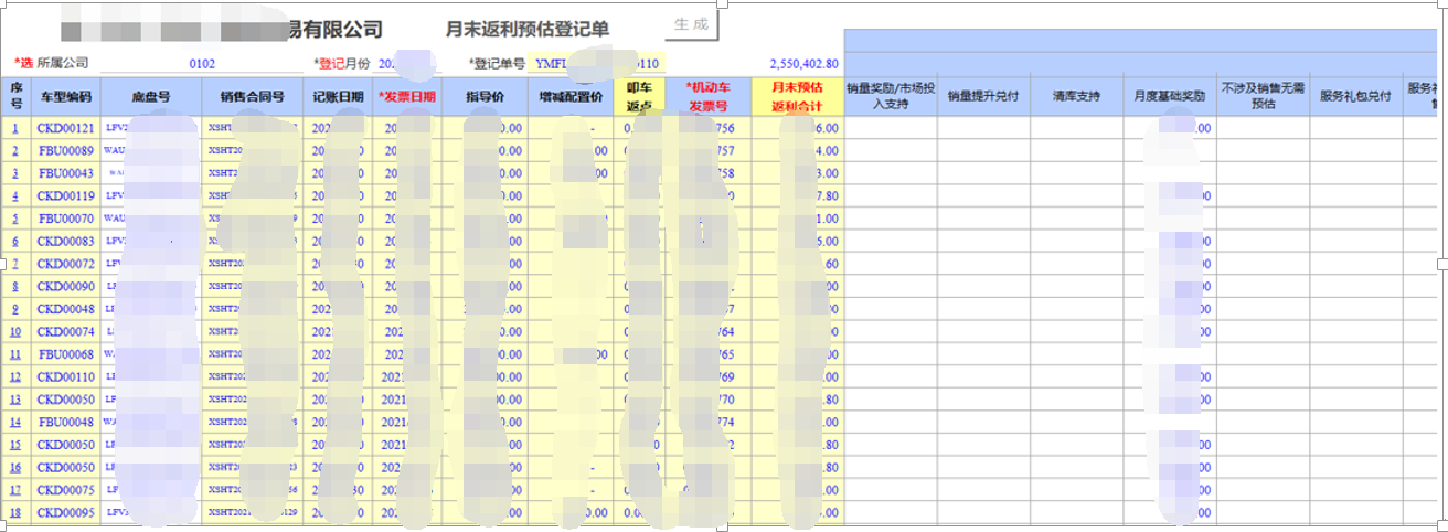 用勤哲Excel服务器开发4S店新车销售系统 - 月末预估返利登记单
